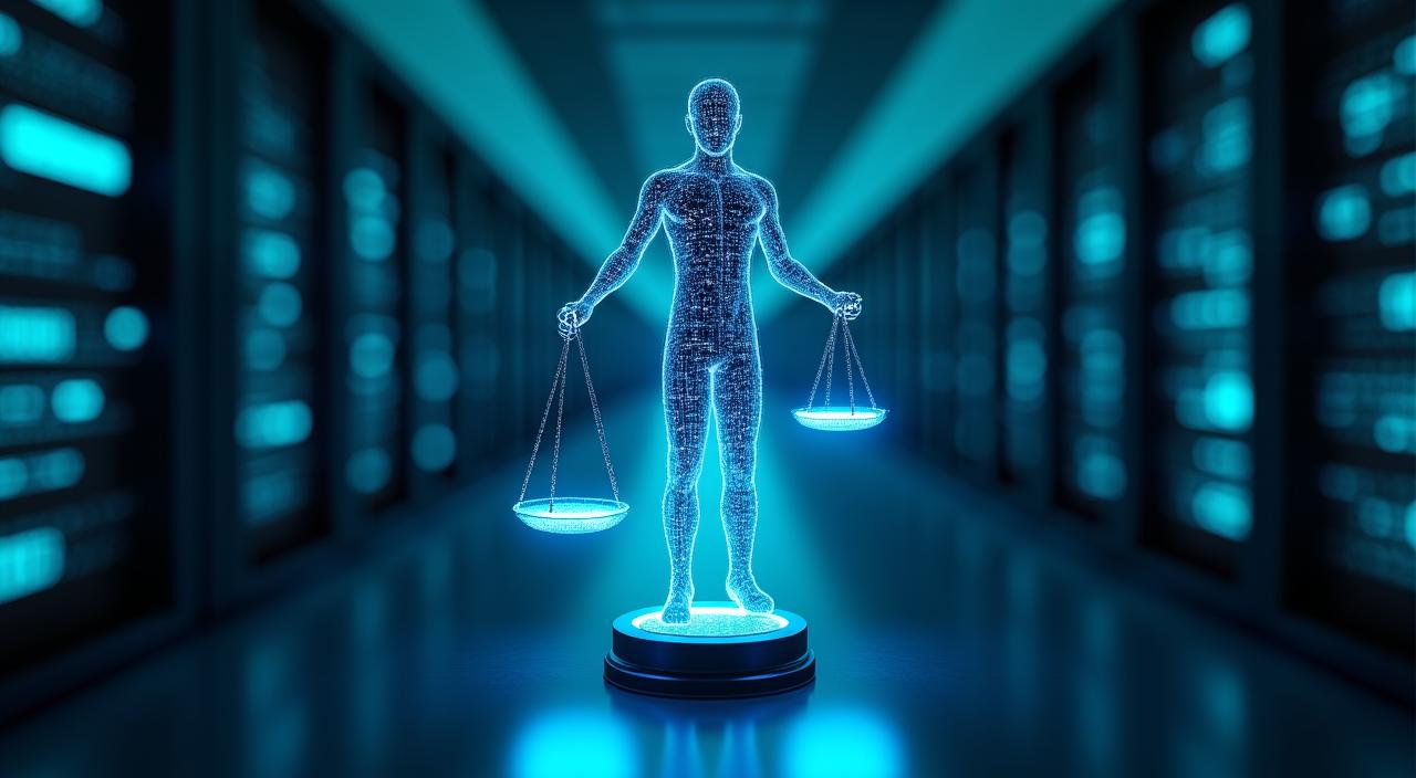 Abstract representation of ethical artificial intelligence with interconnected digital nodes